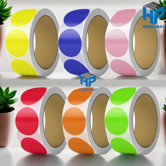 Tem Decal phi tròn nền màu quấn cuộn/cắt tờ